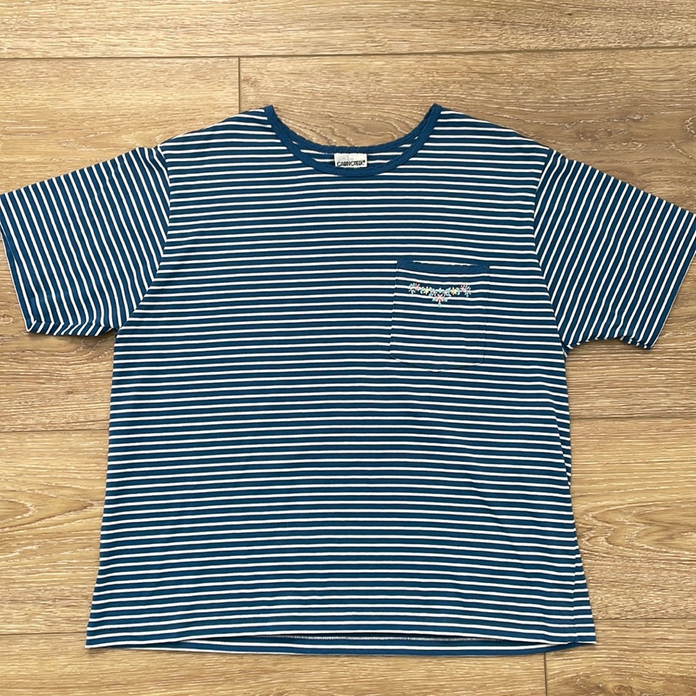 Blue Striped T-shirt with Floral Pocket